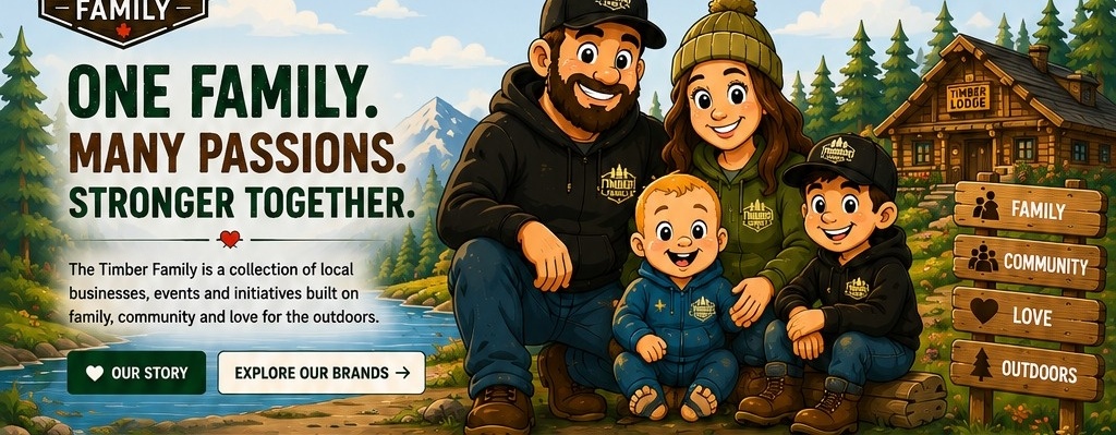 Timber Family cartoon banner with family, community, love and outdoors theme